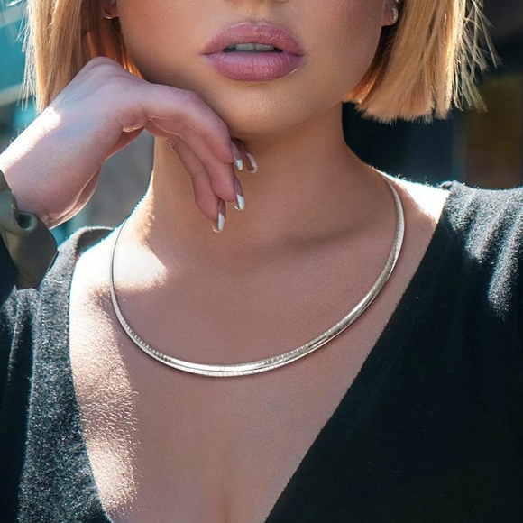 🩶 Vintage 925 Solid Sterling Silver Omega Link Snake Chain Necklace - Picture 1 of 7